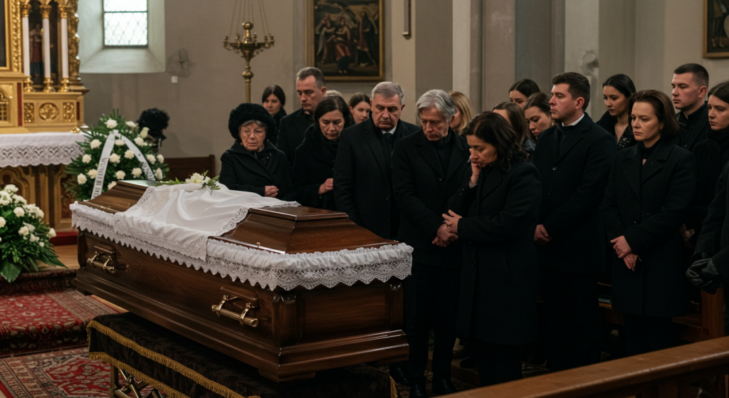 A photo of people at the funeral showing the deceased